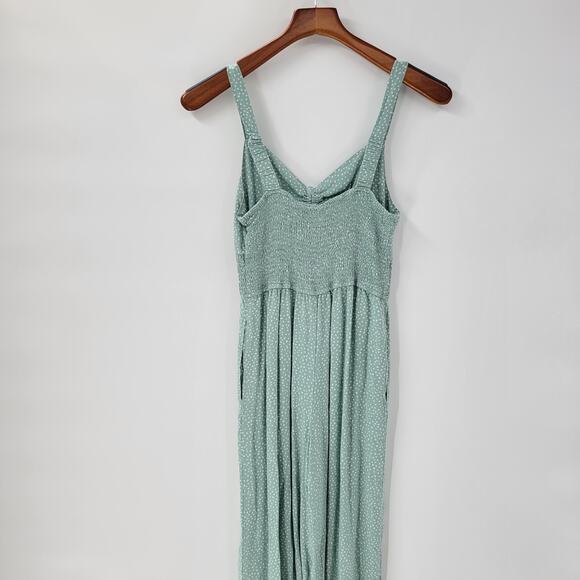 Jessica Simpson Jumpsuit Womens M Green White Polka Dot Wide Leg Smocked Straps - Picture 3 of 14